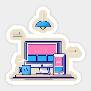 Desktop With Hand Phone And Coffee Cartoon Vector Icon Illustration Sticker